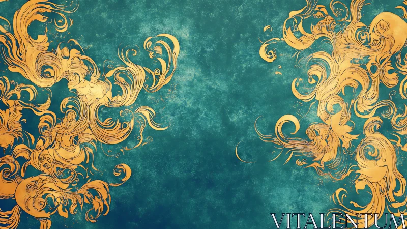 Ornate gold flourishes on textured teal abstract background.