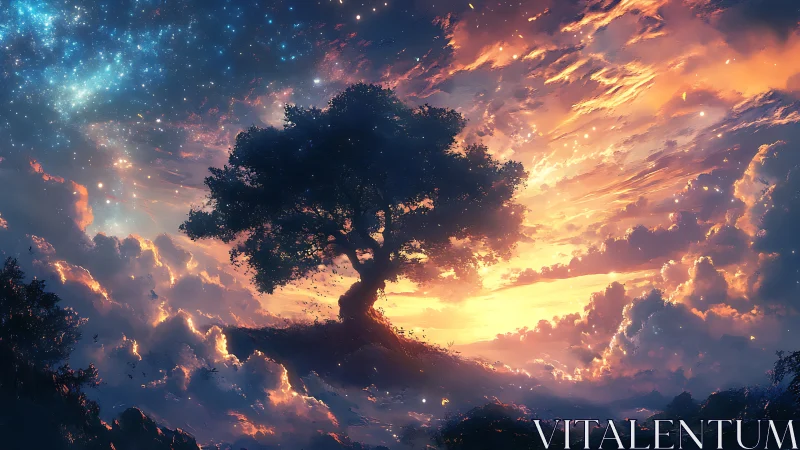 Solitary tree silhouette under nebular sunset skyscape