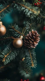 Gold ornament and frosted pinecone hang on dense fir branch