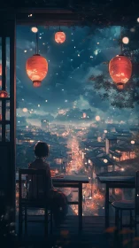 Solitary figure watches lantern-lit city under dreamy night sky