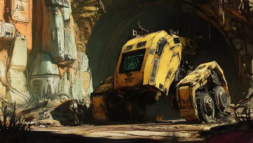 Yellow quadruped rover at tunnel entrance in rocky canyon.