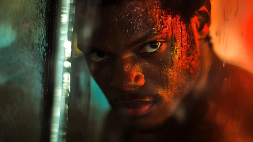 Low-key portrait isolates wet skin texture under bicolor rim lighting