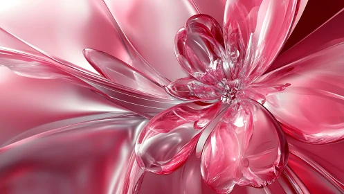 Translucent pink glass flower sculpture fills abstract space