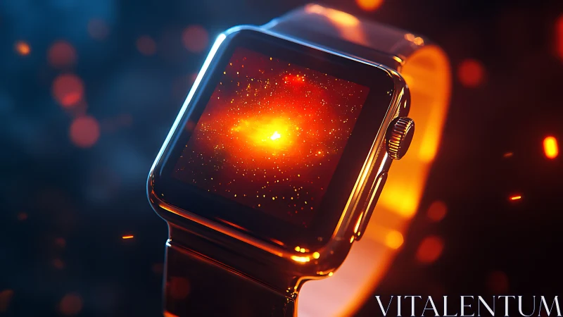 Smartwatch display renders glowing nebula-like graphic