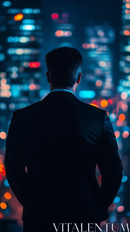 Silhouetted executive overlooking neon-lit cityscape.
