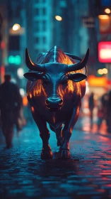 Metallic bull sculpture stands on wet neon city street at night