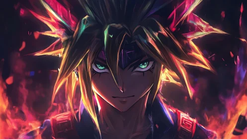 Ignited anime warrior portrait in vivid neon flames.