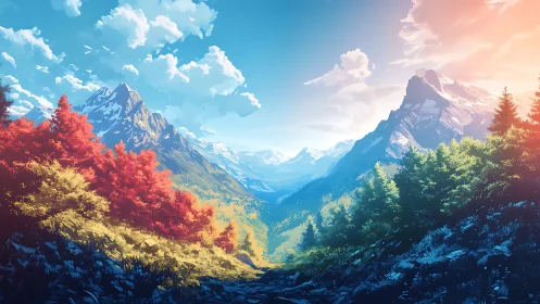 Glowing mountain valley welcomes sunlight, color, and calm