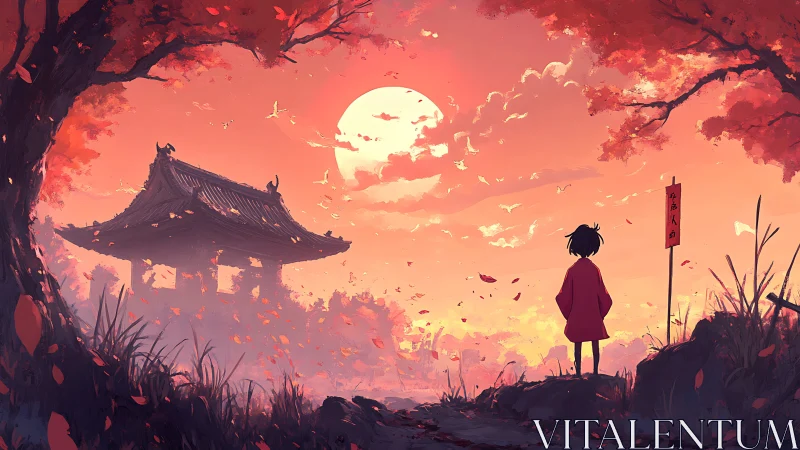 Autumn shrine vista with silhouetted child under vermilion sky.