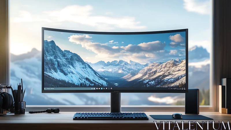 Ultrawide curved monitor displaying alpine landscape in daylight
