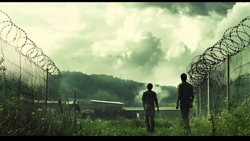 Two figures walking along dual barbed-wire fences at dusk