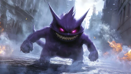 Menacing purple creature storms misty burning alleyway.