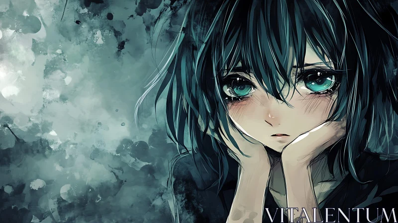 Digital portrait shows pensive character against abstract backdrop