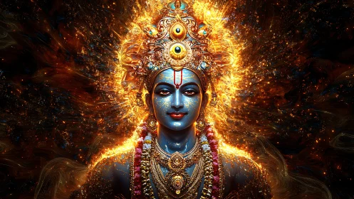 Divine blue-skinned deity portrait with radiant fiery halo