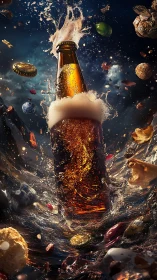 Craft beer bottle erupts through swirling cosmic snacks.