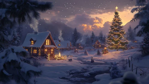 Snow-glazed village hums softly beneath a glowing Christmas sky