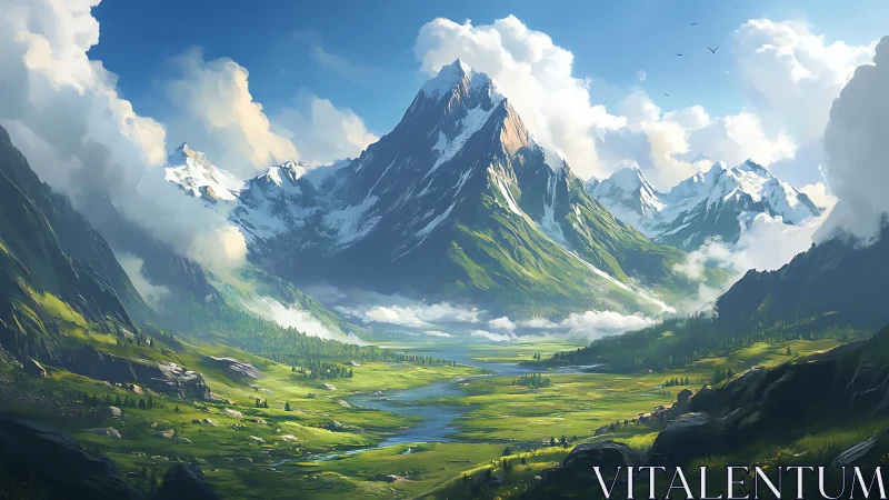 Sunlit alpine valley under towering snow-capped central peak