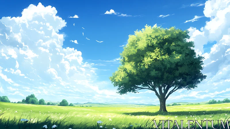 Isolated deciduous tree in luminous atmospheric perspective field.