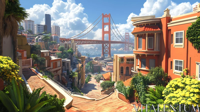 Digital cityscape shows hilly street and suspension bridge