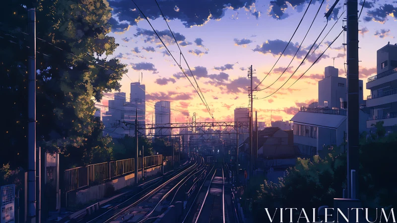 Soft sunset rails winding through a quiet city evening.