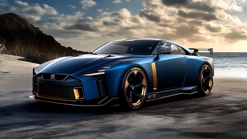 Sunset-blue supercar resting on a quiet ocean shore.