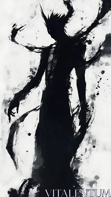 Monochrome ink wraith silhouette with gestural splatter strokes