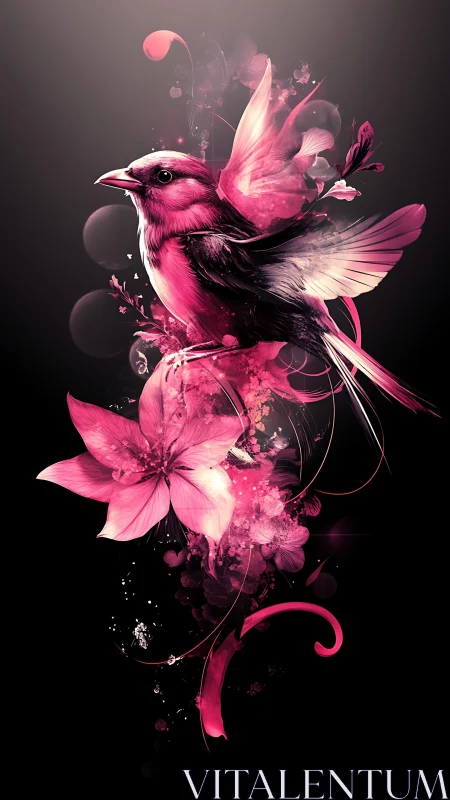 Chromatic avian bloom with luminous magenta particle plumes.