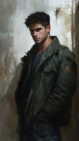 Male figure in military-style jacket against worn wall.