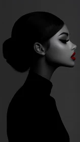 Monochrome profile portrait with red-lip accent lighting.