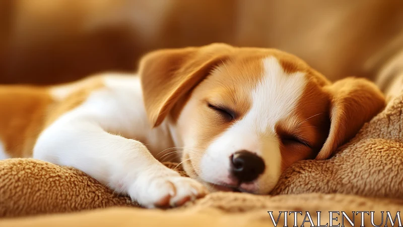 Puppy sleeps on soft brown blanket in shallow focus view.