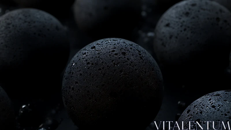 Macro study of moisture-laden black spheres under low-key directional light