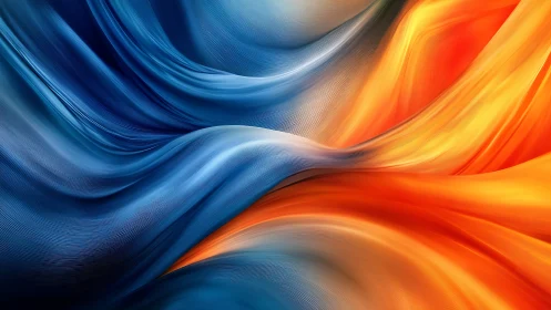 Flowing blue and orange ribbons create dynamic abstract tension