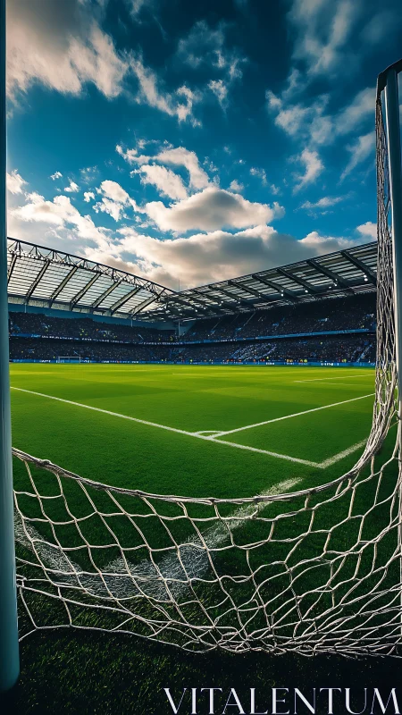 Wide goalmouth view of pro football pitch under clouded sky