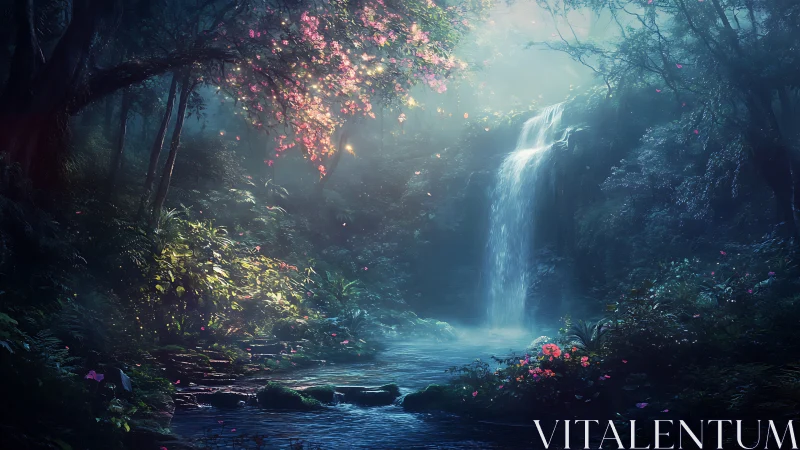 Waterfall in Enchanted Forest with Glowing Flowers.