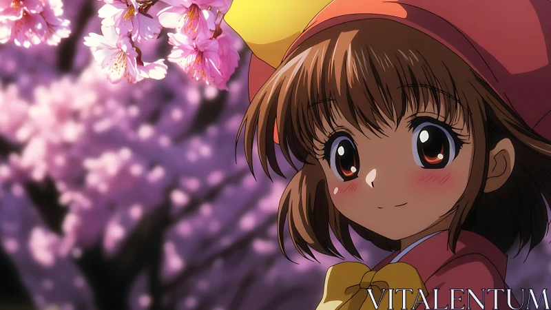 Anime girl portrait under blooming cherry blossoms at dusk.