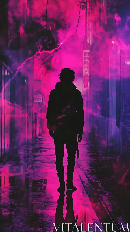 Lone silhouette walks through neon alley washed in magenta haze