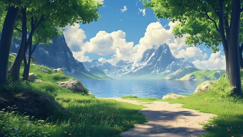 Serene alpine lake vista framed by trees and distant peaks.