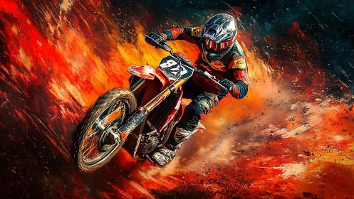 Motocross rider leans into high-speed turn amid fiery particle spray