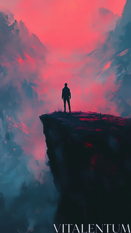 Digital painting of lone figure on neon-lit cliff edge at dusk.