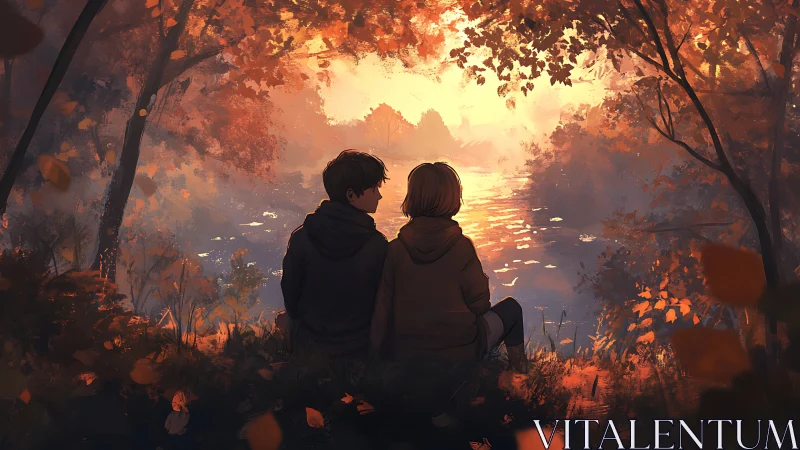 Two Figures Watch Autumn Sunset Through Forest Canopy.