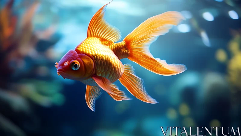 Bright orange goldfish with long fins in clear blue water.
