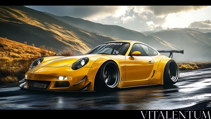 Sunlit turbo coupe prowls a rain-slick mountain pass