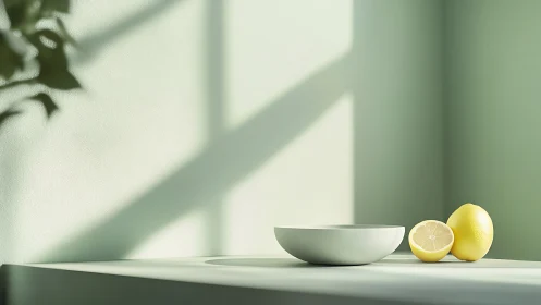 Sunlit lemons quietly rehearse shadows on a pale stage