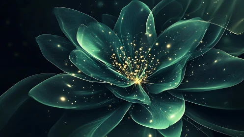 Glowing teal blossom unfolding with soft, starlit magic.