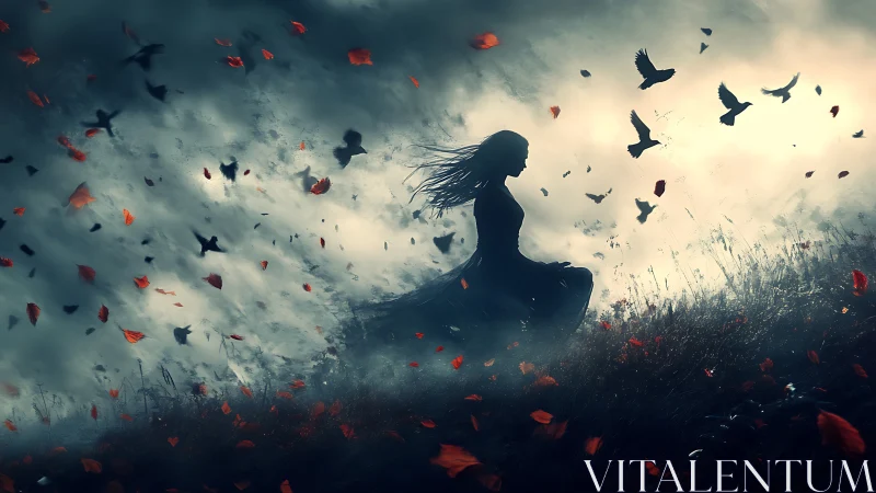 Silhouetted woman amid storm-tossed crows and petals in twilight
