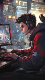 Focused gamer settles into a neon city night of online play