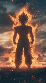 Fiery anime warrior stands tall amid blazing storm clouds