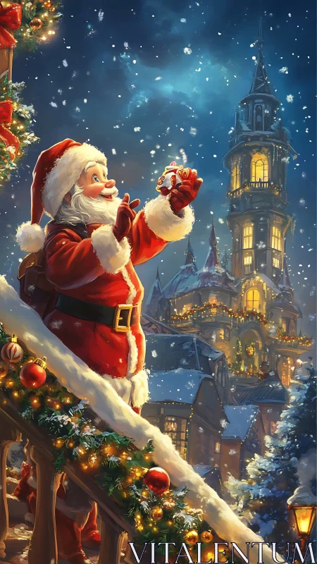 Snowlit Santa studies a tiny gift beneath storybook towers