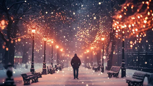 Solitary figure on illuminated park path during snowfall.