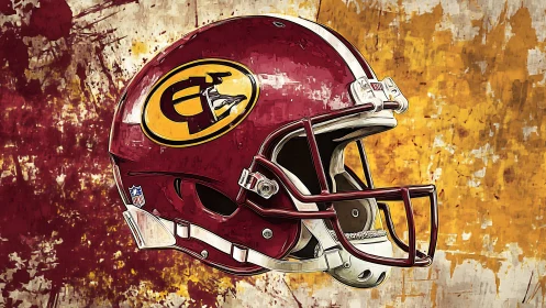 Crimson football helmet over distressed gold grunge backdrop.